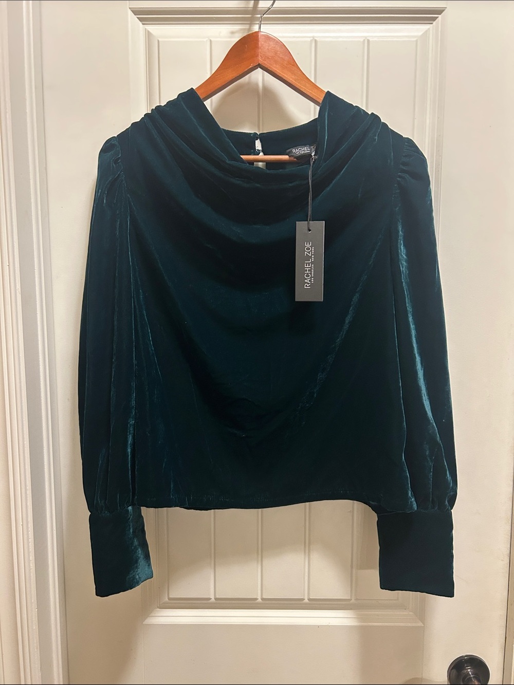 NWT Rachel Zoe Deep Green Velvet Draped Cowl-Neck Blouse